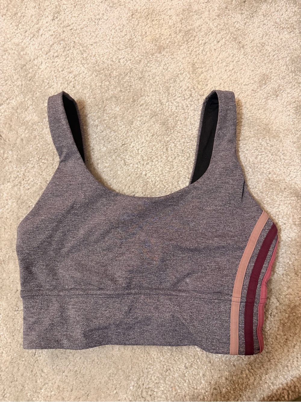 lululemon athletica Heathered Gray Sports Bra with Pink and Maroon Stripe Detail